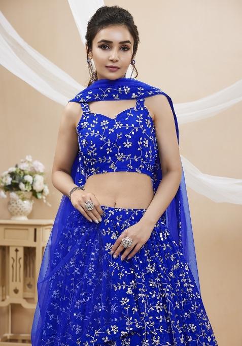 Blue Embroidered Georgette Lehenga Choli Set