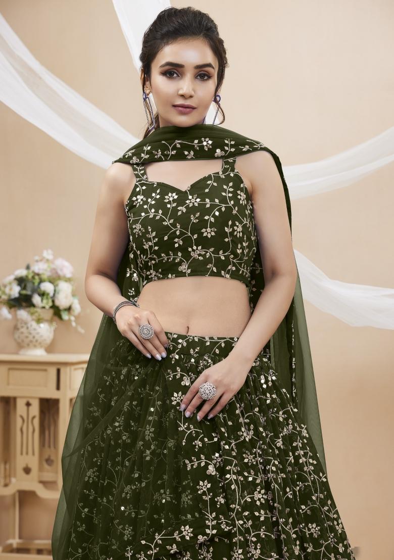 Green Embroidered Georgette Lehenga Choli Set