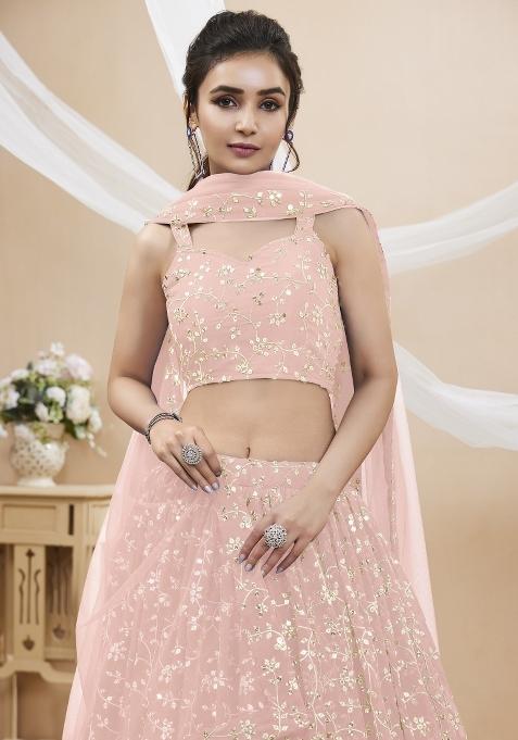 Baby Pink Embroidered Georgette Lehenga Choli Set