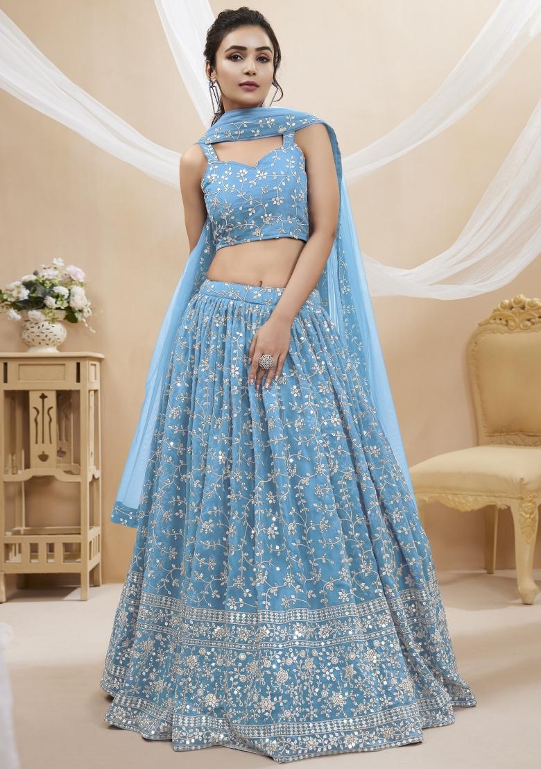 Sky Blue Embroidered Georgette Lehenga Choli Set - Indya