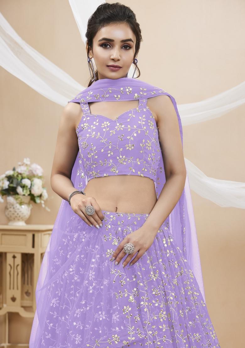 Lavender Embroidered Georgette Lehenga Choli Set - Indya