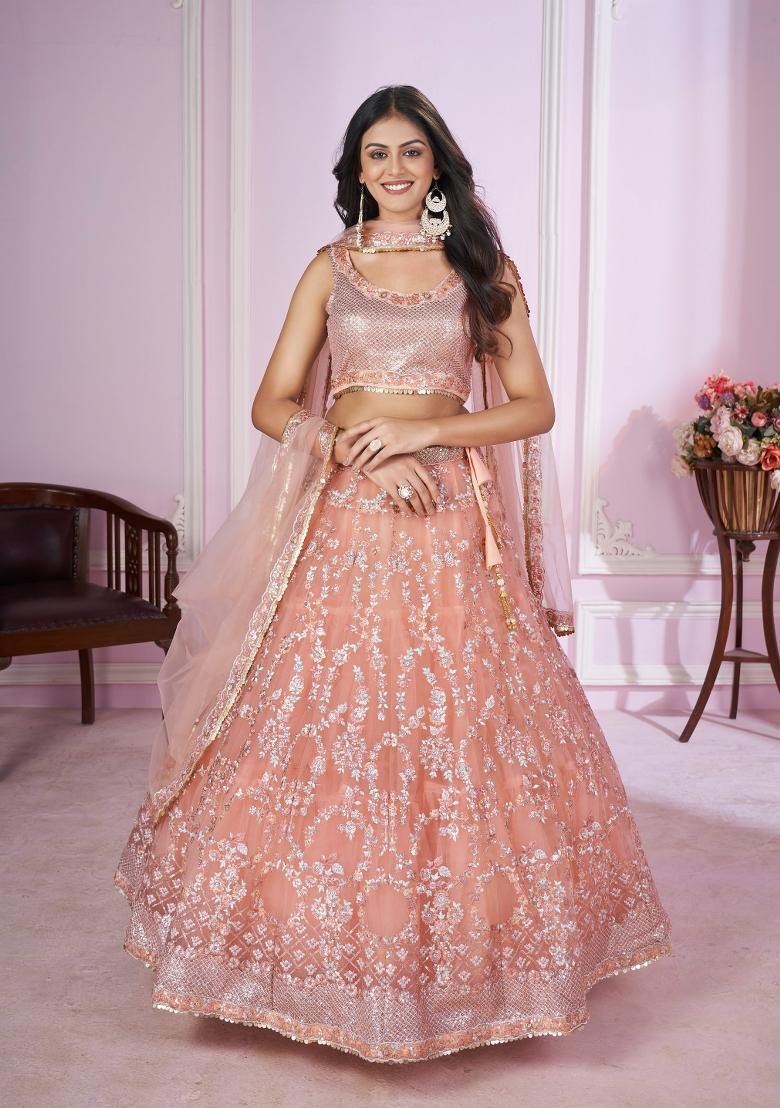 Baby Pink Embroidered Soft Net Lehenga Choli Set