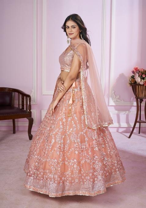Baby Pink Embroidered Soft Net Lehenga Choli Set