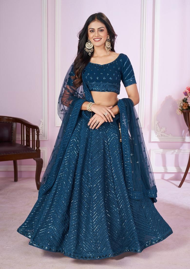 Teal Embroidered Georgette Lehenga Choli Set