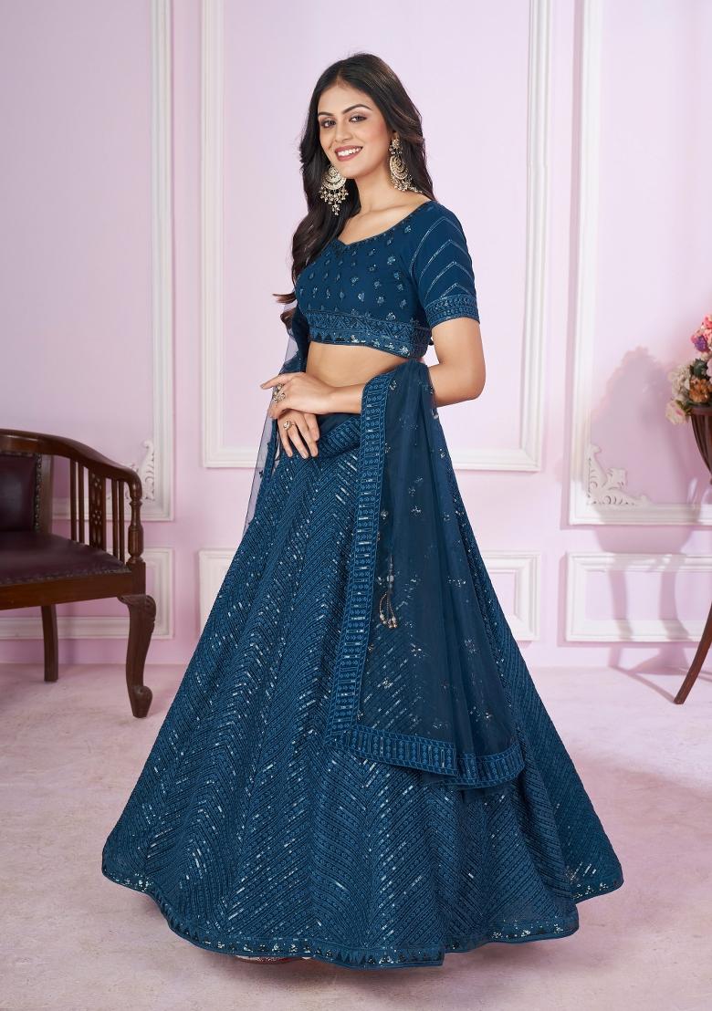 Teal Embroidered Georgette Lehenga Choli Set