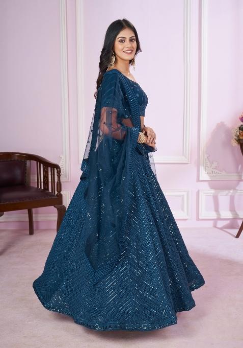 Teal Embroidered Georgette Lehenga Choli Set