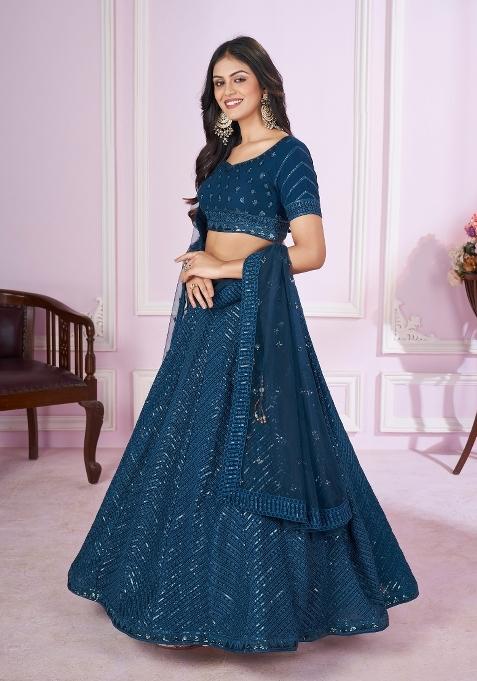 Teal Embroidered Georgette Lehenga Choli Set