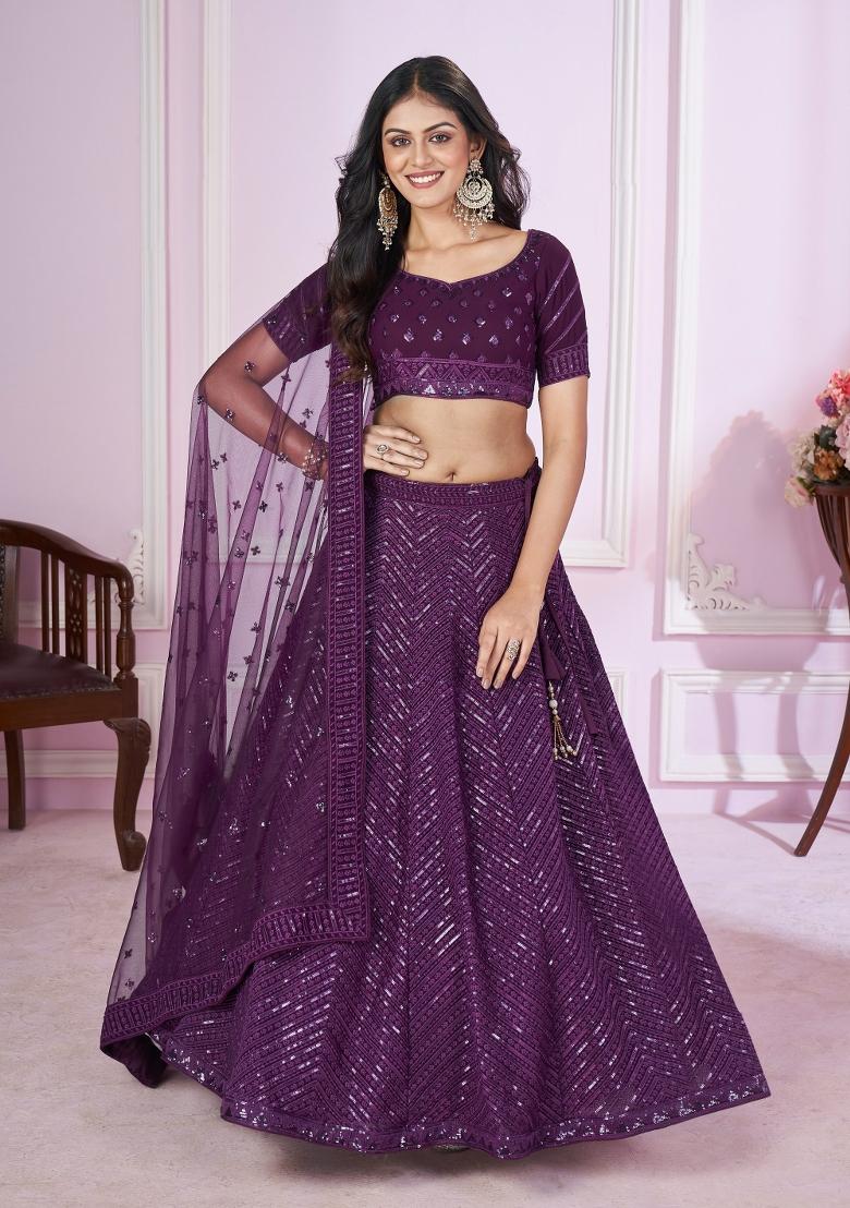 Purple Embroidered Georgette Lehenga Choli Set