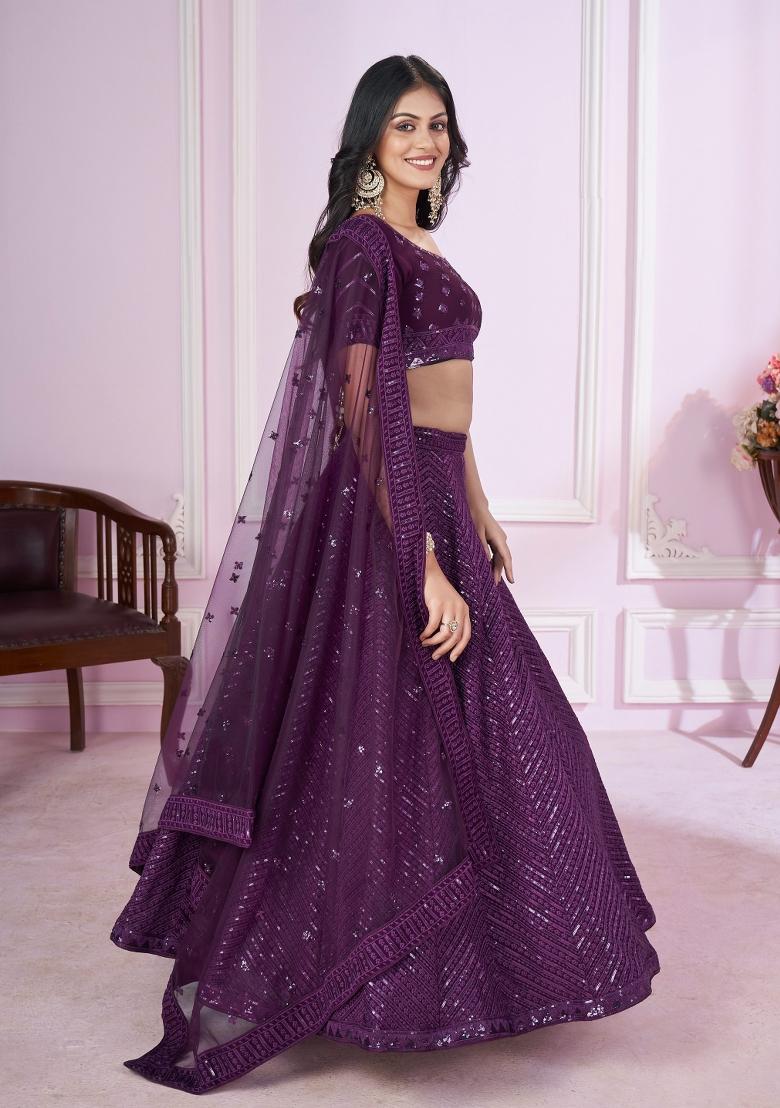 Purple Embroidered Georgette Lehenga Choli Set - Indya
