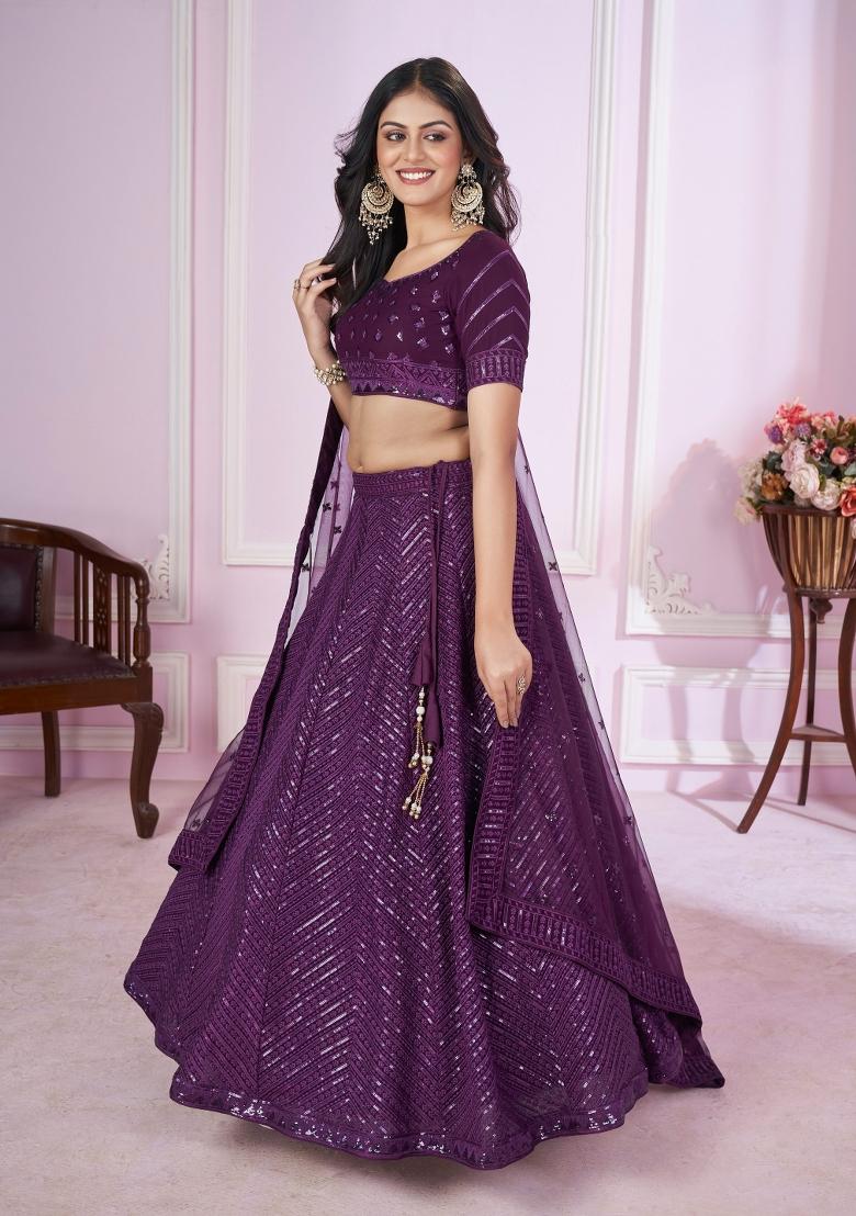 Purple Embroidered Georgette Lehenga Choli Set