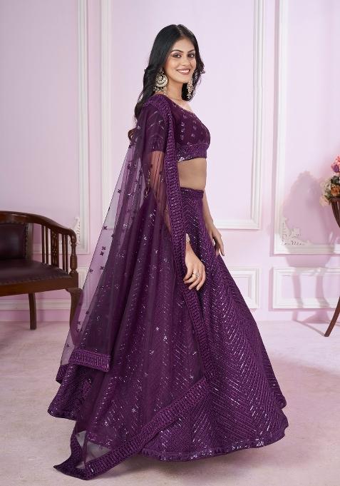 Purple Embroidered Georgette Lehenga Choli Set