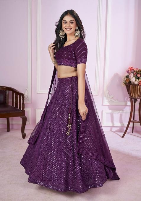 Purple Embroidered Georgette Lehenga Choli Set
