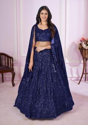 Navy Blue Embroidered Georgette Lehenga Choli Set