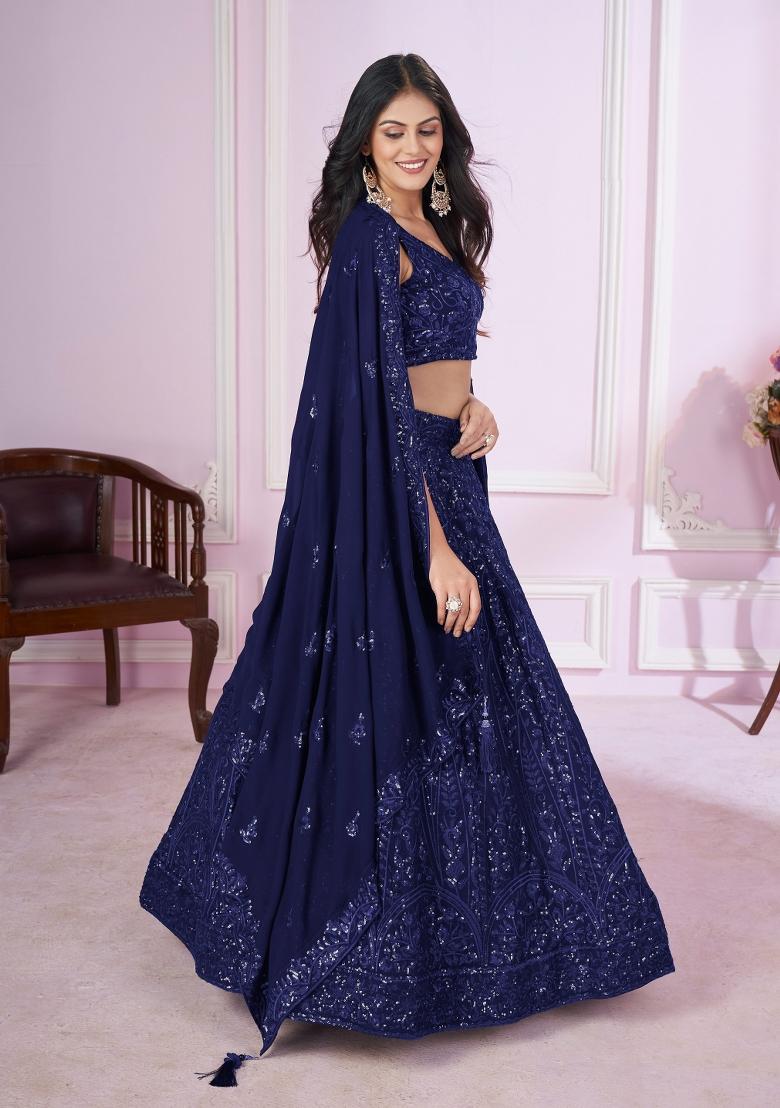 Navy Blue Embroidered Georgette Lehenga Choli Set - Indya