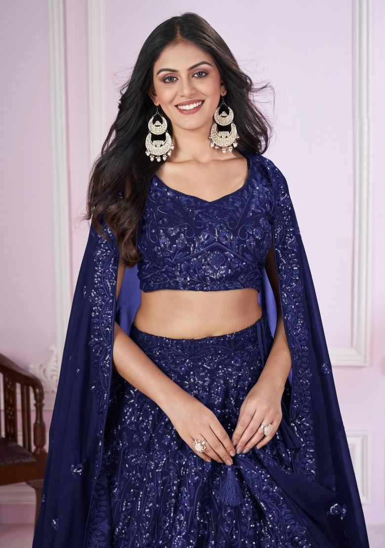 Navy Blue Embroidered Georgette Lehenga Choli Set - Indya