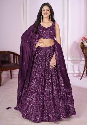 Purple Embroidered Georgette Lehenga Choli Set