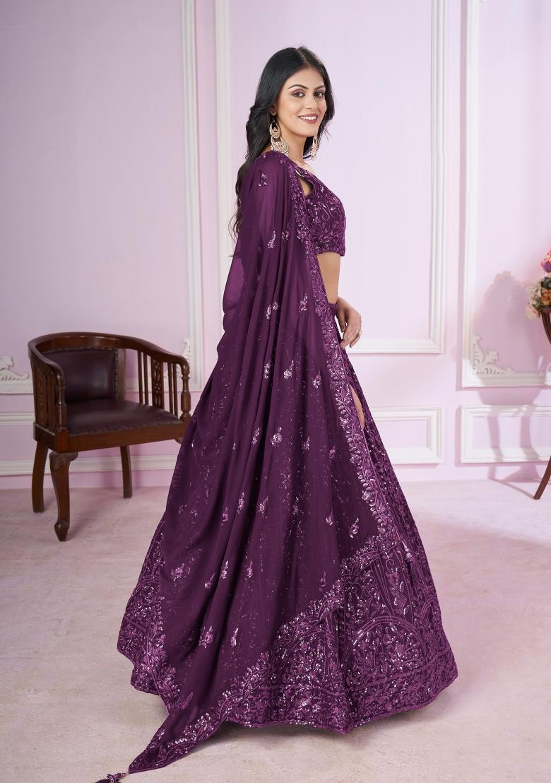 Purple Embroidered Georgette Lehenga Choli Set - Indya