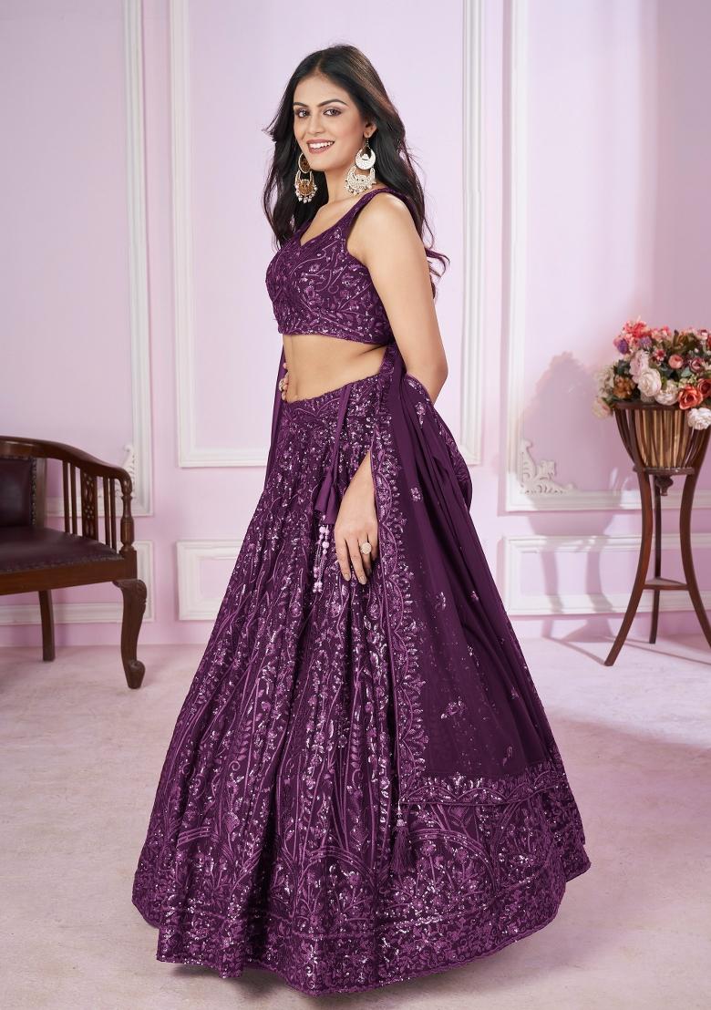 Purple Embroidered Georgette Lehenga Choli Set