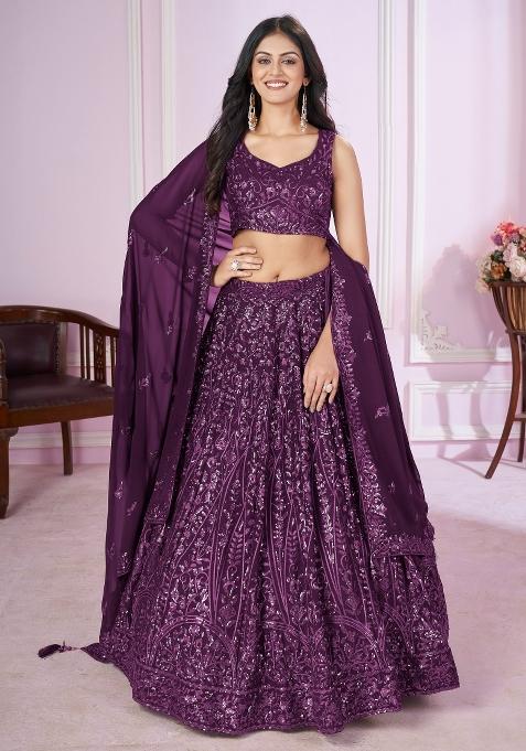 Purple Embroidered Georgette Lehenga Choli Set