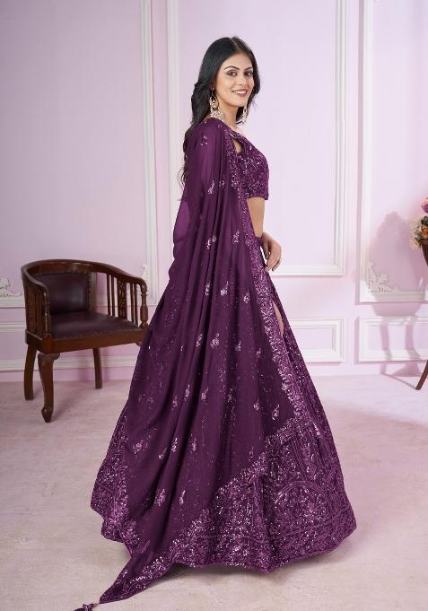 Purple Embroidered Georgette Lehenga Choli Set