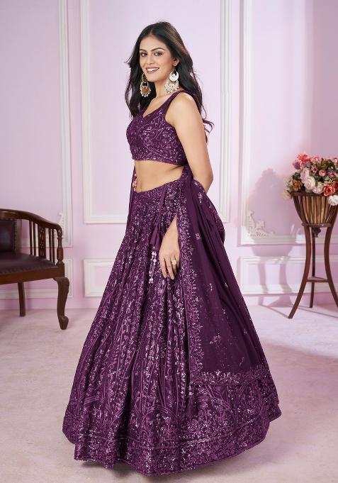 Purple Embroidered Georgette Lehenga Choli Set