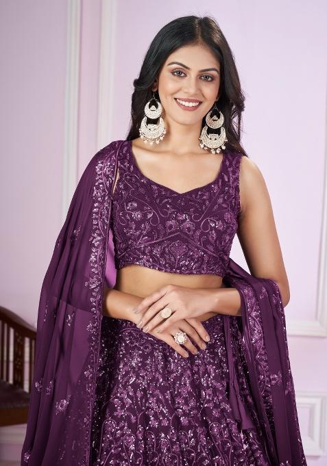 Purple Embroidered Georgette Lehenga Choli Set