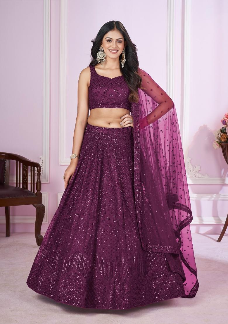 Wine Embroidered Soft Net Lehenga Choli Set