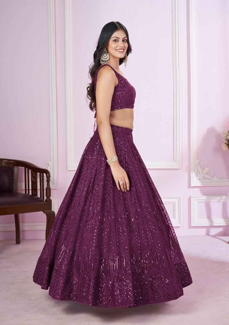 Wine Embroidered Soft Net Lehenga Choli Set