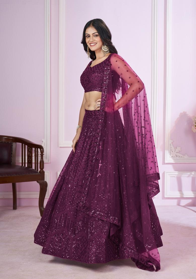 Wine Embroidered Soft Net Lehenga Choli Set