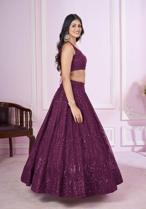 Wine Embroidered Soft Net Lehenga Choli Set