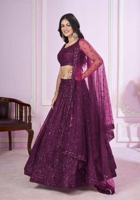 Wine Embroidered Soft Net Lehenga Choli Set