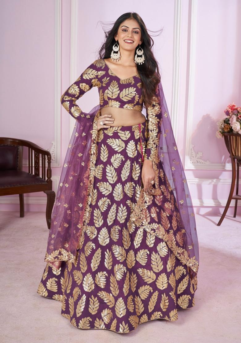 Purple Embroidered Georgette Lehenga Choli Set