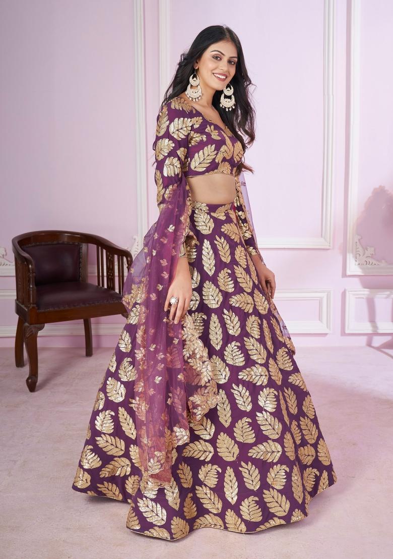 Purple Embroidered Georgette Lehenga Choli Set - Indya