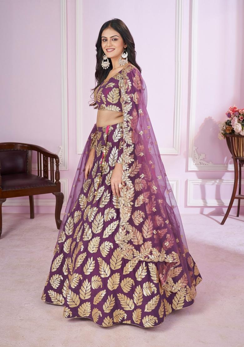 Purple Embroidered Georgette Lehenga Choli Set