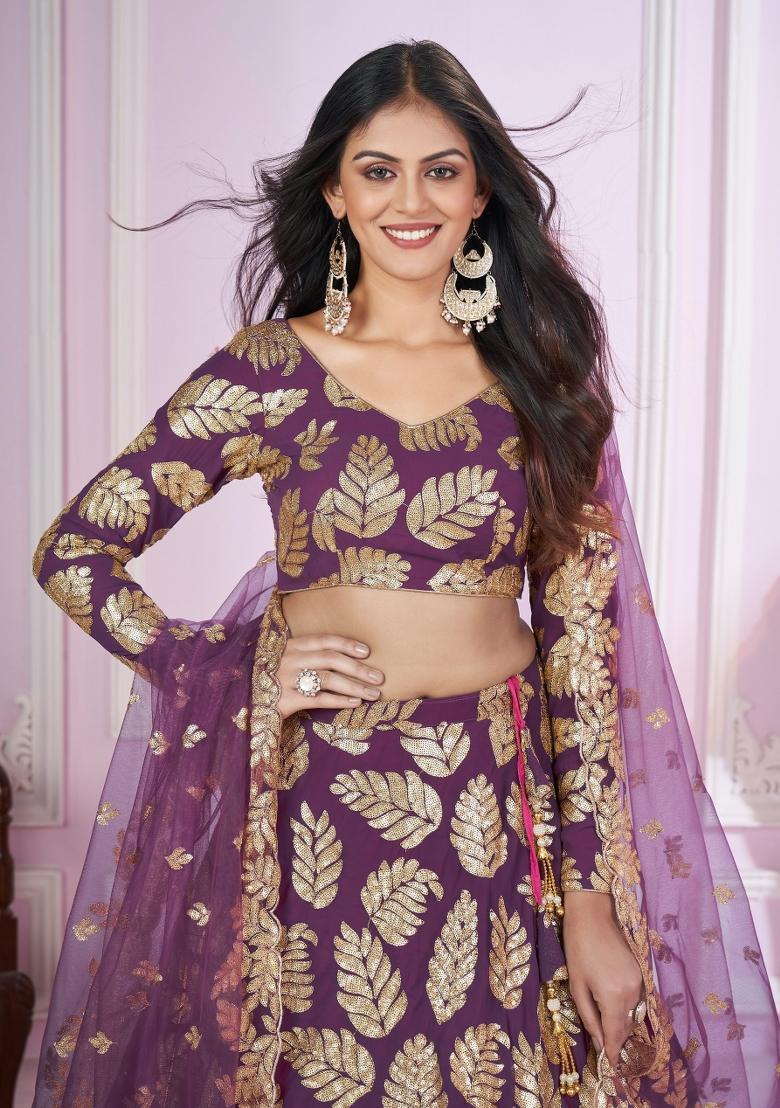 Purple Embroidered Georgette Lehenga Choli Set - Indya
