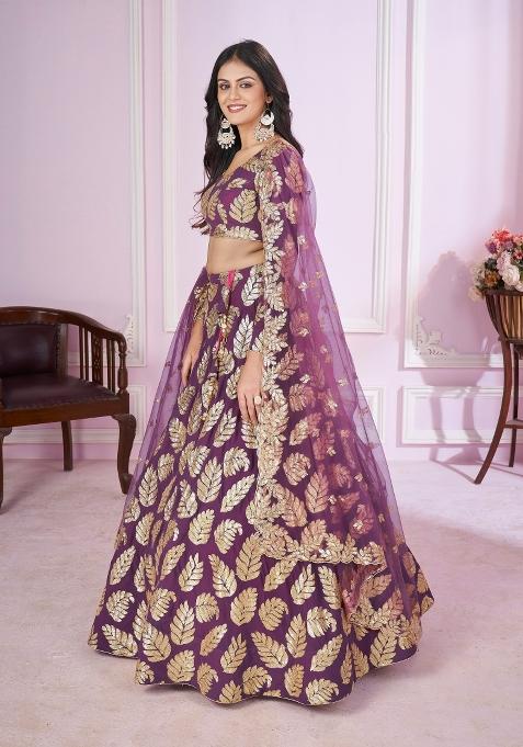 Purple Embroidered Georgette Lehenga Choli Set