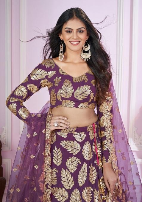 Purple Embroidered Georgette Lehenga Choli Set