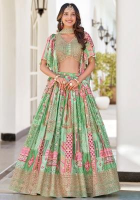 Green Embroidered Chinnon Silk Lehenga Choli Set