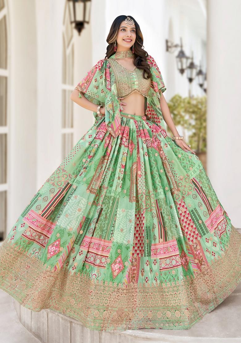 Green Embroidered Chinnon Silk Lehenga Choli Set - Indya