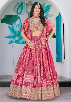 Pink Embroidered Chinnon Silk Lehenga Choli Set
