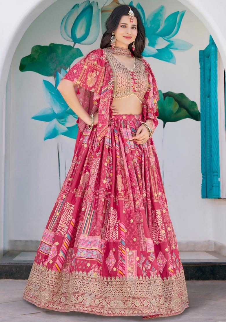 Pink Embroidered Chinnon Silk Lehenga Choli Set - Indya