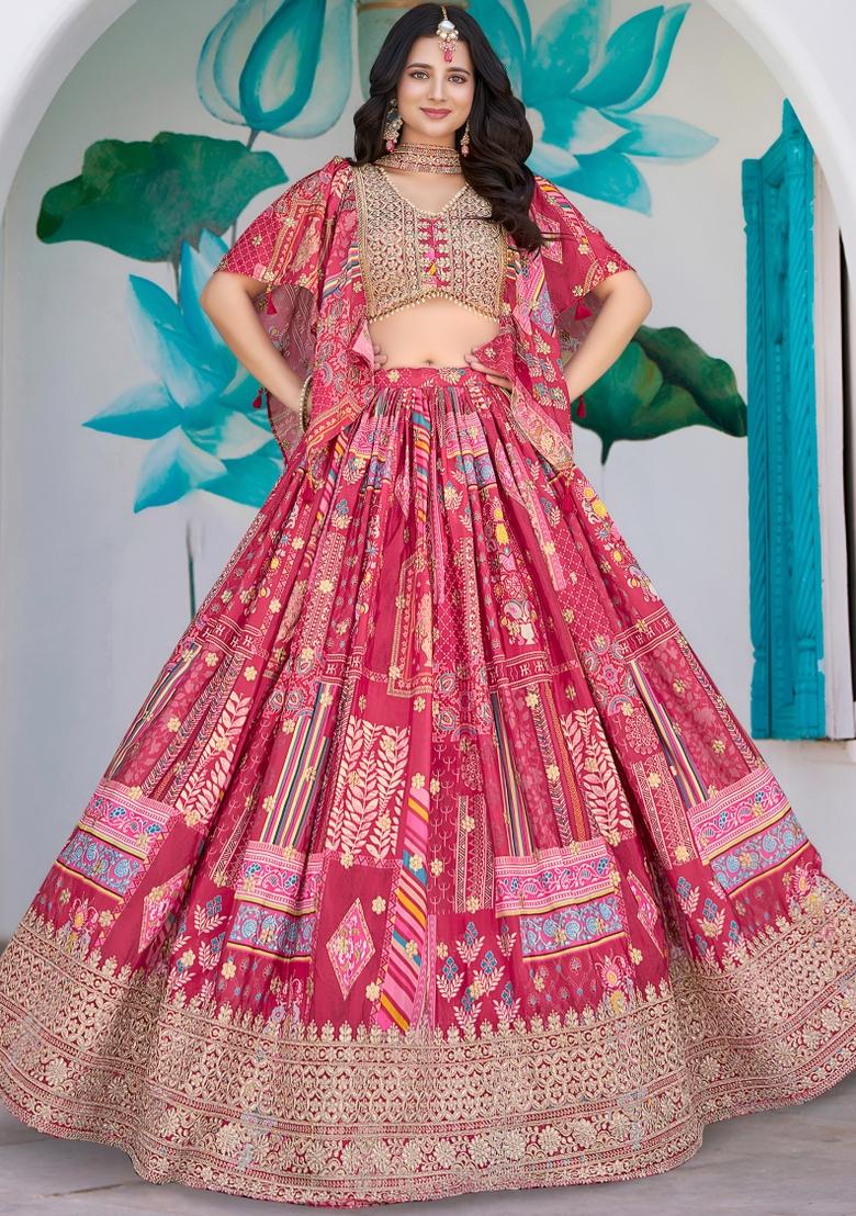 Pink Embroidered Chinnon Silk Lehenga Choli Set - Indya