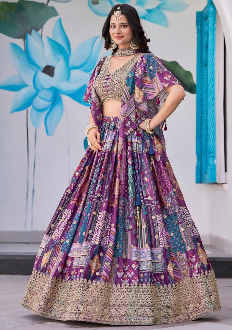 Purple Embroidered Chinnon Silk Lehenga Choli Set