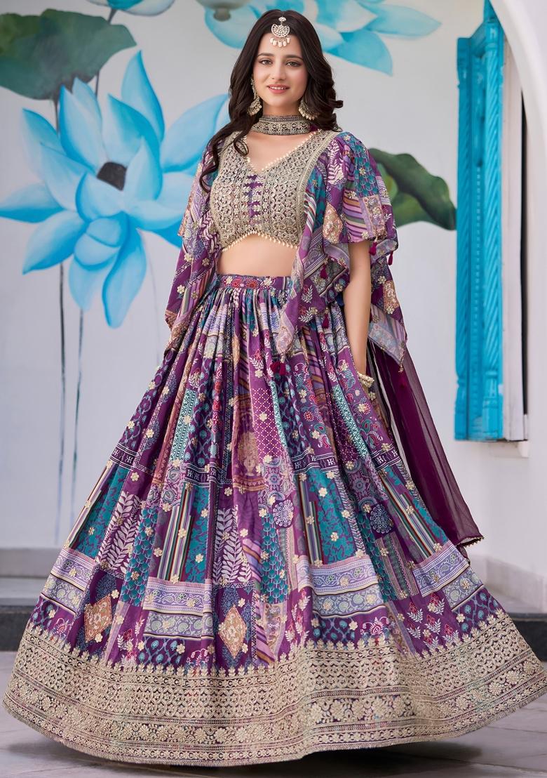 Purple Embroidered Chinnon Silk Lehenga Choli Set - Indya