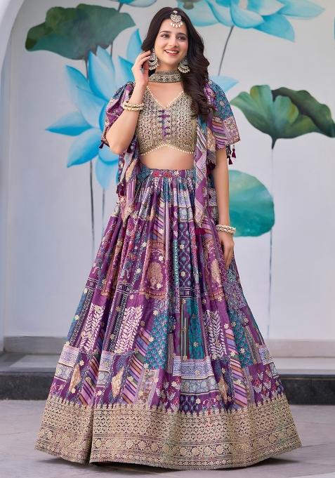 Purple Embroidered Chinnon Silk Lehenga Choli Set