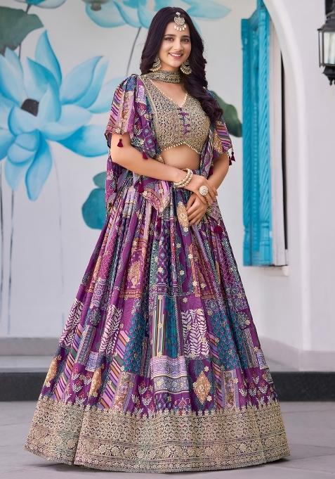 Purple Embroidered Chinnon Silk Lehenga Choli Set