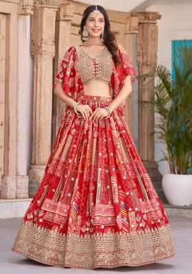 Red Embroidered Chinnon Silk Lehenga Choli Set