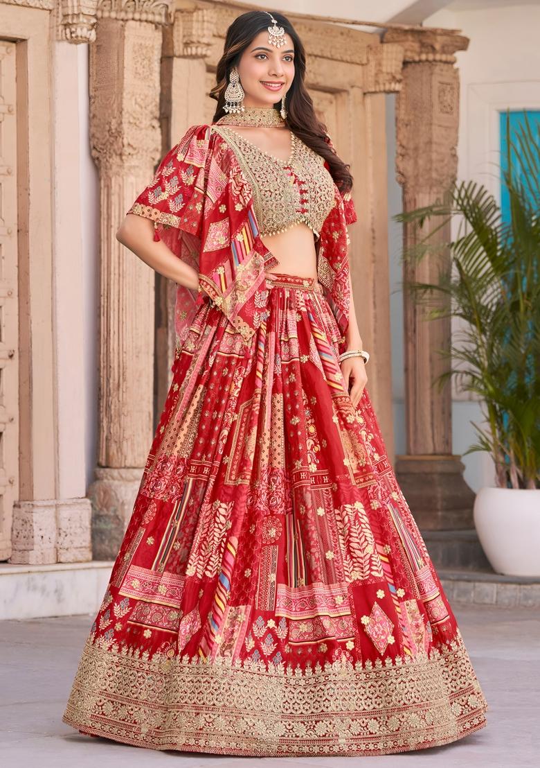 Red Embroidered Chinnon Silk Lehenga Choli Set - Indya