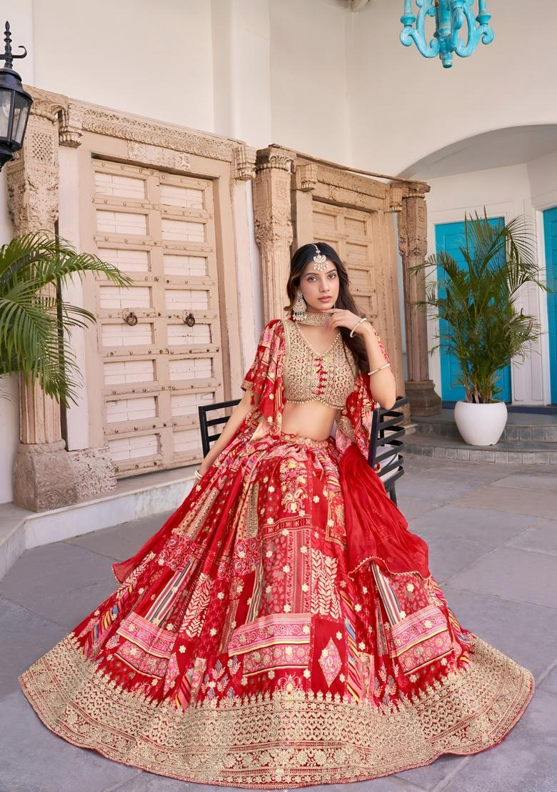 Red Embroidered Chinnon Silk Lehenga Choli Set - Indya
