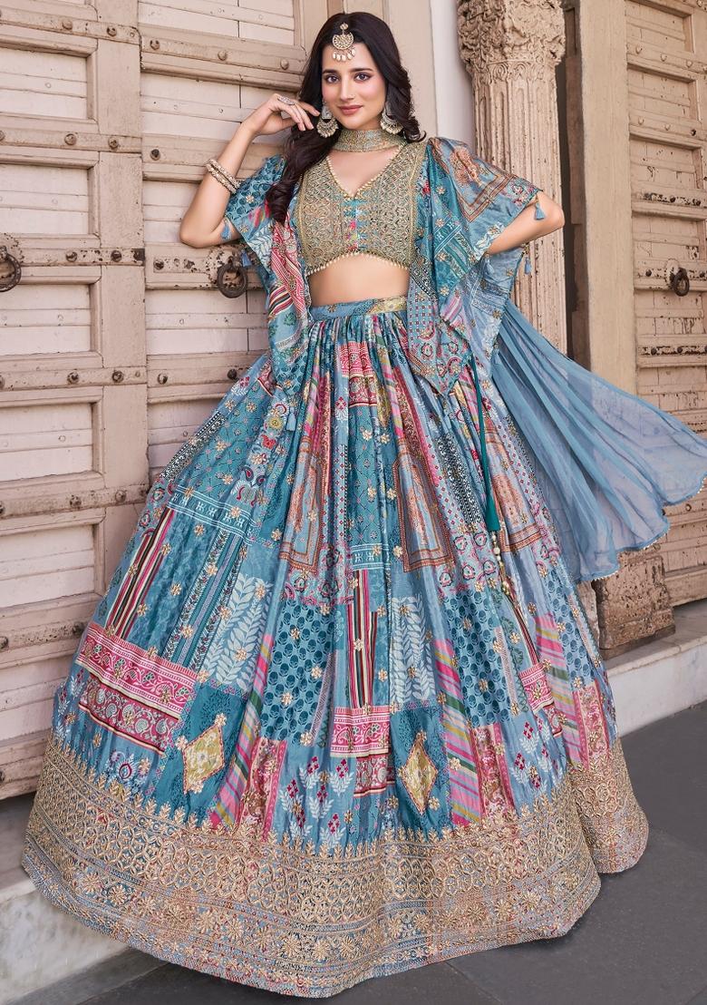 Sky Embroidered Chinnon Silk Lehenga Choli Set - Indya